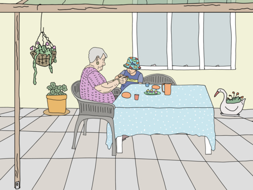 Old woman sharing morning tea with young boy at table under patio at home - Australian Stock Image