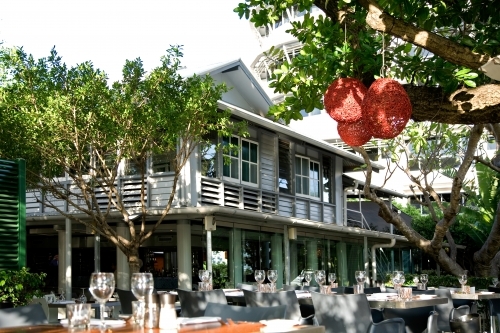 Outdoor restaurant tables in Darwin city - Australian Stock Image