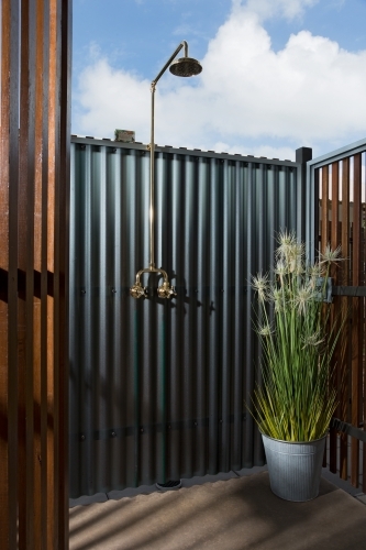 Outdoor shower detail in a new modern house - Australian Stock Image