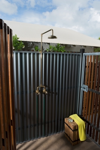 Outdoor shower detail in a new modern house - Australian Stock Image