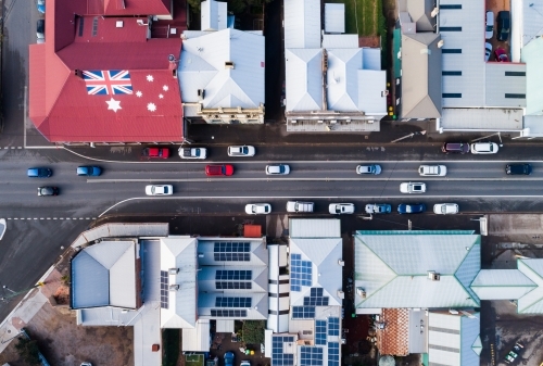 Overhead top down view of busy street and buildings in Aussie town - Australian Stock Image