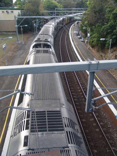 Overhead view of a train passing along a track - Australian Stock Image