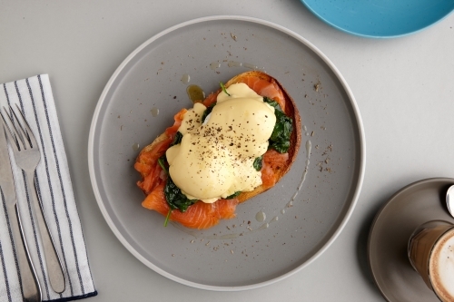 Overhead view of breakfast meal on table - Australian Stock Image