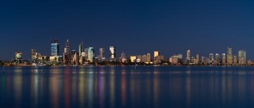 Panoramic view of downtown Perth, Australia, with sunset light reflecting off the skyscrapers - 2021 - Australian Stock Image