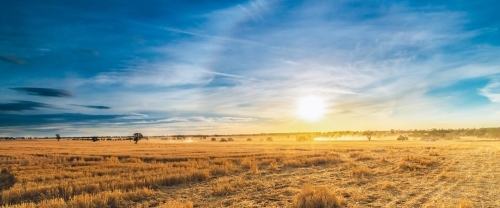 Panoramic view of the outskirts of a rural farming town at sunset - Australian Stock Image