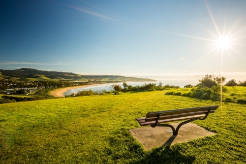 Park bench overlooking Werri Beach - Australian Stock Image