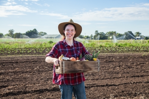 Person holding box of fresh fruit and veg outside on a farm - Australian Stock Image