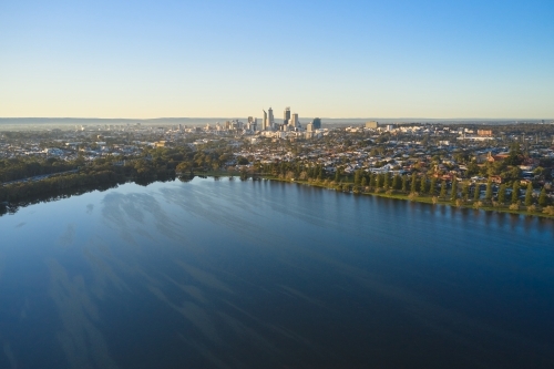Perth Skyline Across Lake Monger Aerial View