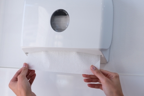 Photo of hands removing paper towels from wall mounted paper towel holder - Australian Stock Image