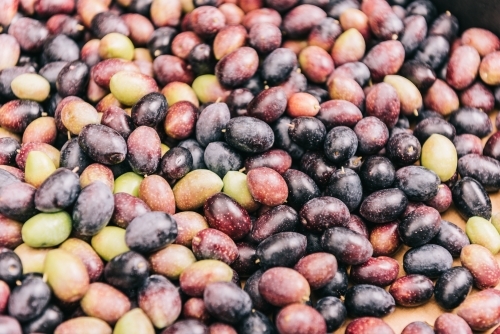 Pile of raw black and green olives - Australian Stock Image