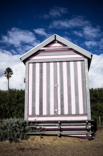 Pink and Grey Striped Beach Box, Brighton, Melbourne, Victoria - Australian Stock Image