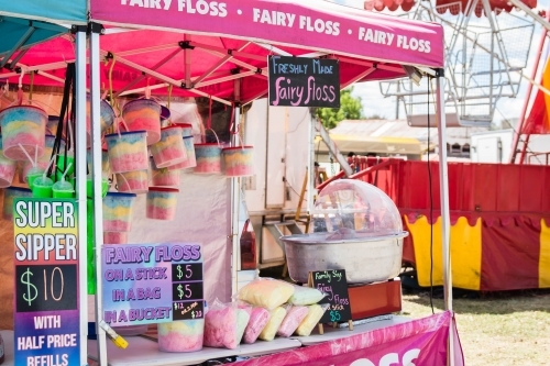 Pink fairy floss gazebo stand with prices at local show - Australian Stock Image