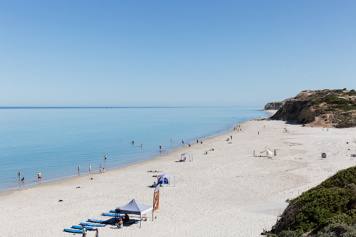 Port Willunga Beach on a clear summers day with no waves - Australian Stock Image