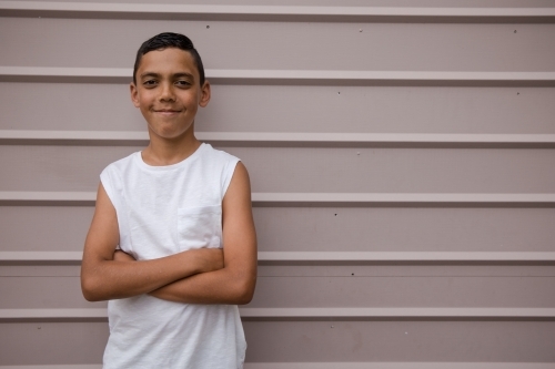 Portrait of a young, smiling first nations boy - Australian Stock Image