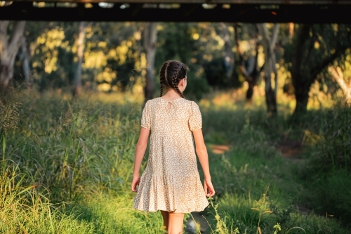 Portrait of pre-teen girl wearing dress in Australian country bush setting - Australian Stock Image