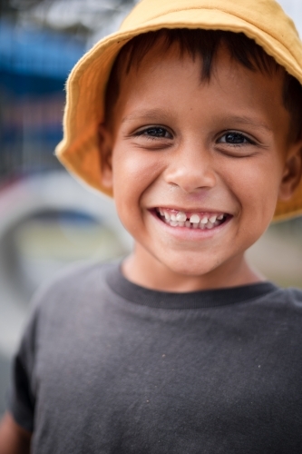 Portrait of young Aboriginal boy at preschool - Australian Stock Image