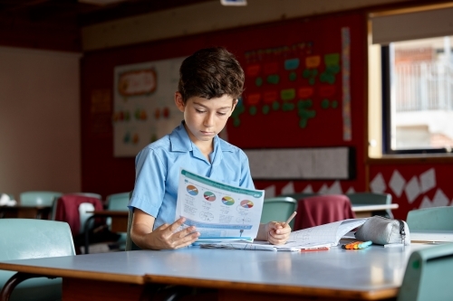 Primary school student in classroom working on homework - Australian Stock Image