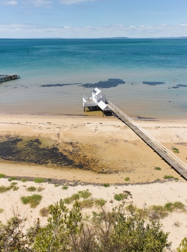 Private jetty from cliffside walkway - Australian Stock Image