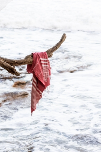 Red towel hanging on a branch over waves - Australian Stock Image