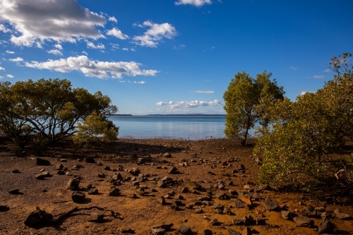 Redland Bay coastline looking at Moreton Bay on a sunny day - Australian Stock Image