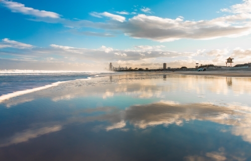 Reflections on the beach at the Gold Coast.