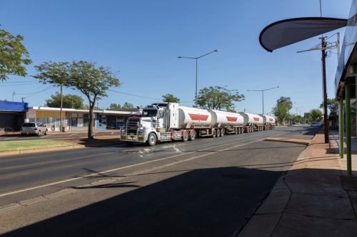 Road train truck on road in Tennant Creek - Australian Stock Image