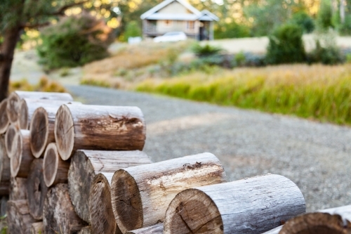 Round tree branches cut and stacked for drying for firewood - Australian Stock Image