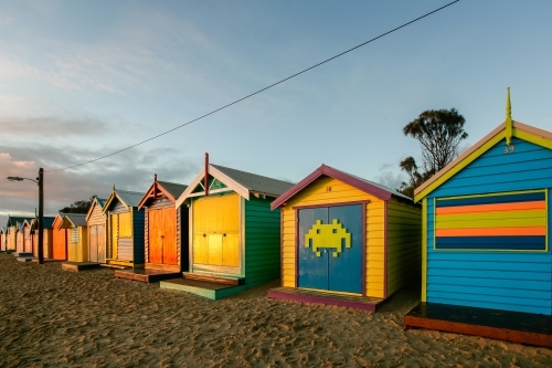 Row of bathing boxes at a city beach - Australian Stock Image