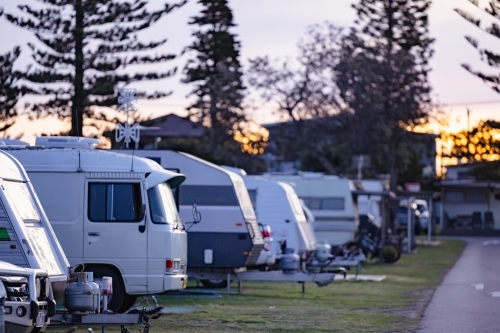 Row of caravans and campers at caravan park - Australian Stock Image