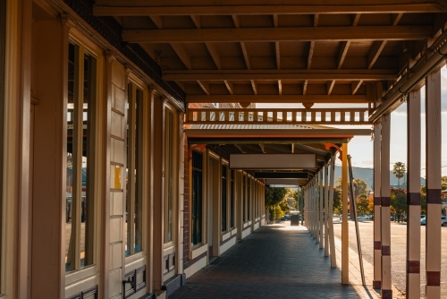 Row of verandahs covering footpath along shopfronts in small regional town - Australian Stock Image