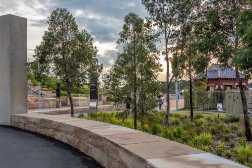 Sandstone wall and gardens at Barangaroo - Australian Stock Image