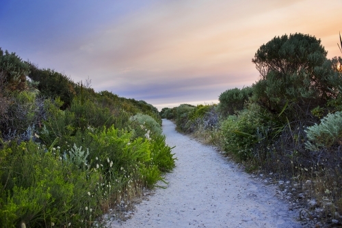 Sandy path at sunset leading to beach - Australian Stock Image