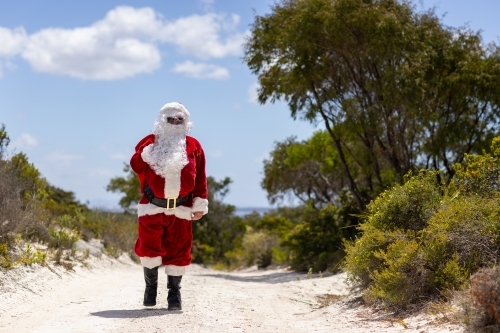 Santa is coming walking towards us through bushland with his sack over his shoulder - Australian Stock Image