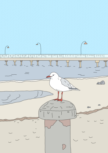 Seagull perched on bollard with beach sand, ocean, jetty and blue sky in background - Australian Stock Image