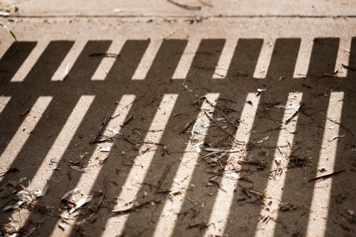 shadow of a paling gate on a path strewn with leaves and twigs - Australian Stock Image