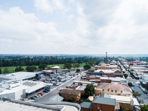 Shopping center with car park beside it in Singleton - Australian Stock Image