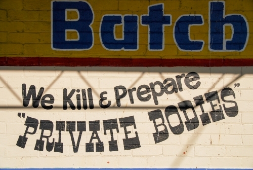 Signage on the wall of a butcher in country Victoria - Australian Stock Image