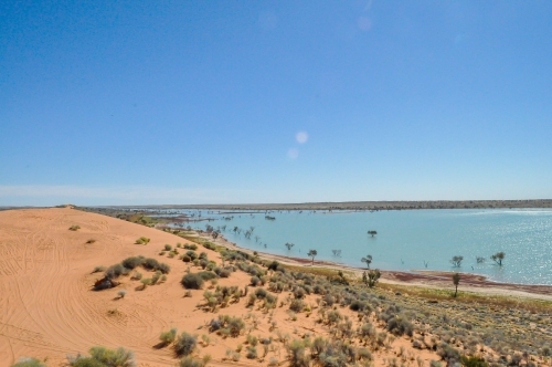 Simpson Desert in Flood, sand dune and water - Australian Stock Image