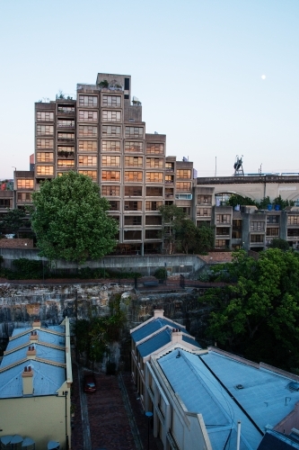 Sirius building with sunrise reflected in windows - Australian Stock Image
