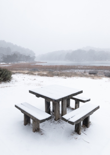 Snow covered picnic table - Australian Stock Image