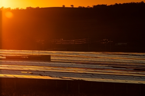 Solar farm panels reflecting the sunset colours - Australian Stock Image