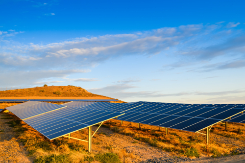 Solar panel farm at sunset located in South Australia - Australian Stock Image