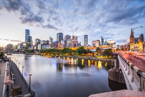 Southbank over Yarra River at dusk - Australian Stock Image