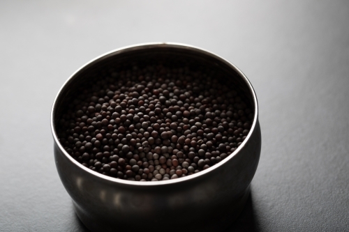 Spice tin of black mustard seeds on a dark marble background - Australian Stock Image