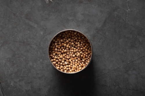 Spice tin of coriander seeds on dark marble background - Australian Stock Image