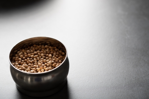 Spice tin of coriander seeds on dark marble background - Australian Stock Image