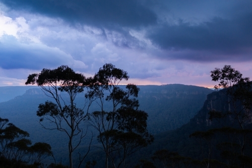 storm clouds above Blue Mountain scenery with gum tree in foreground at dusk - Australian Stock Image