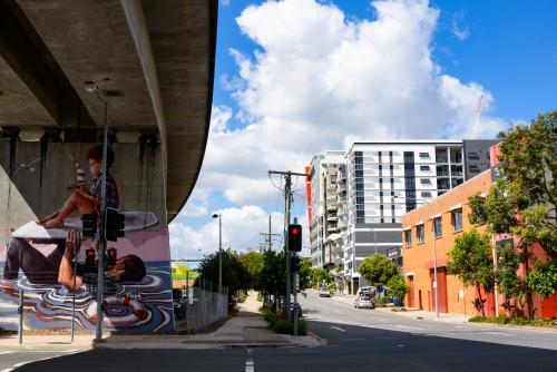 Street art under an overpass beside intersection - Australian Stock Image