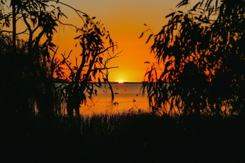 Sun setting over Kow Swamp in Central Victoria - Australian Stock Image