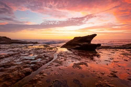 Sunrise on the coastal rock shelf at low tide with the sky colours reflected in water - Australian Stock Image